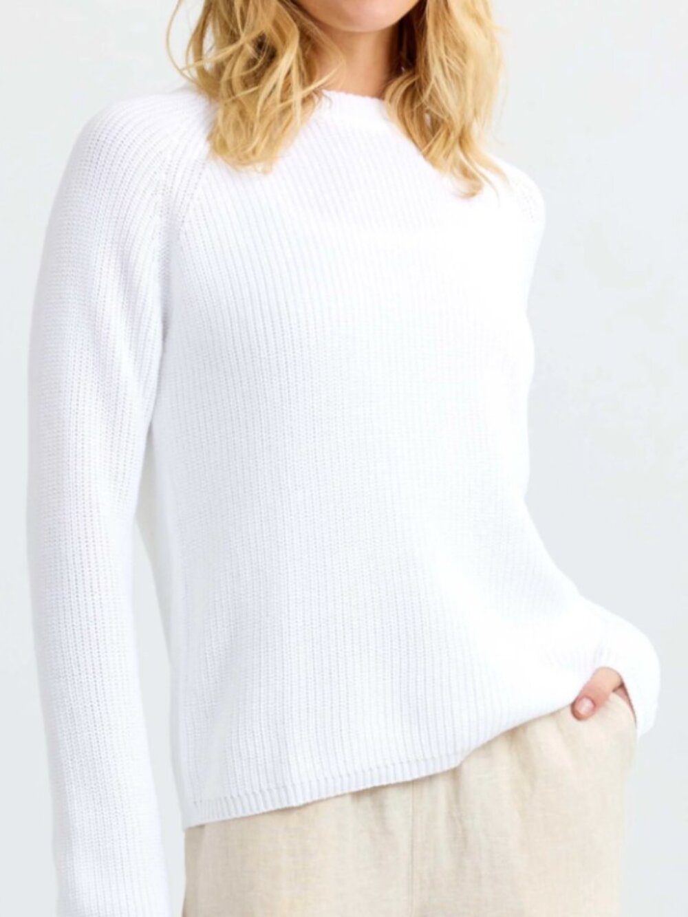 White Cotton Fisherman Crewneck | Pura Cashmere | Sz M